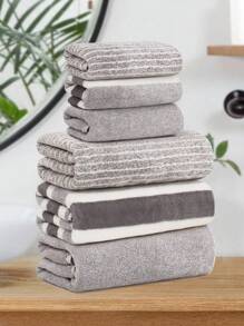 1pc Bath Towel / 6pcs Set [3pcs Hand Towel + 3pcs Bath Towel] Striped & Solid Color Combo, Made Of Super Soft Coral Fleece, Absorbent Quick Dry, Skin-Friendly, Fade & Shed Resistant, Ideal For Daily Bathing, Bathroom, Kitchen, Swimming Pool, Beach, Travel, SPA, Pet Use, Gift-Giving, 13.78x29.53inch/35x75cm, 27.56x55.12inch/70x140cm Back To School For Beauty Salon Home Bathroom