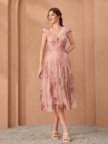 Mgiacy、新品、V领、肩袖、印花网眼、领带、大摆、高端晚礼服、适合、晚宴 - 粉色 - 查看 5