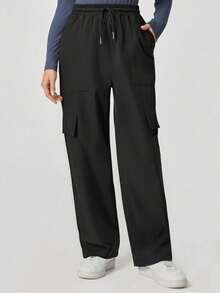 Women's Loose Straight Leg Multi-Pocket Work Pants, Elastic Waist Scrubs Nurse Scrubs Workwear For Dentist, Healthcare, Pet Hospital, Laboratory Uniform - Black - View 3