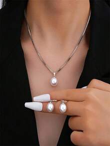 3 Piece Minimalist Faux Pearl Stud Earrings, Necklace Jewelry Set, Suitable For Vacation, Date, Valentine's Day Gift, Everyday Wear, Party - Silver Pearl - View 4