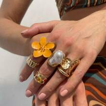 6pcs/Set Baroque Inspired Faux Pearl Flower Ring Set, Vintage Retro Bold Adjustable Cocktail Rings For Women