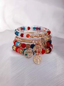 4 peças/Conjunto Boêmio Elegante Delicado Pulseira de Contas Pingente Árvore da Vida Dourada, Adequado para Decorações Diárias de Mulheres, Festas de Aniversário, Viagens