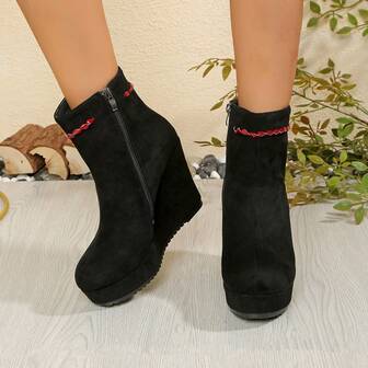 2025 New Autumn/Winter Waterproof Platform Round Toe Wedge Heel Versatile Fashion Ankle Boots For Women