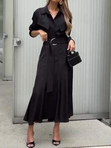 女式翻领单排扣纯色腰带衬衫中长连衣裙，两件套休闲纯色腰带套装 - 黑色 - 查看 4