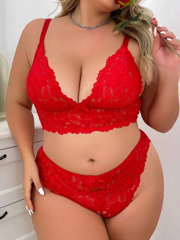 1 Set Red Lace Semi-Sheer Comfortable Skin-Friendly Front Bow Adjustable Strap Lightweight Plus Size Women Lingerie Set
