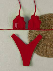 Polovedo 官方新款春夏性感休闲优雅复古红色纯色花卉女士沙滩度假约会比基尼泳衣 - 紅色 - 查看 3