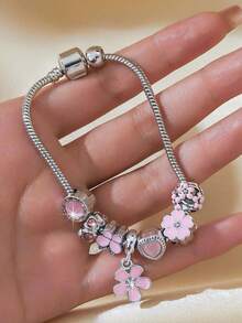 1 件优雅粉色五瓣花吊坠铜手链，配闪亮树脂珠 - 女士手工珠宝，精致镂空设计，可调节链长，完美礼物 - 粉色 - 查看 3