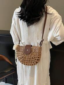 波西米亚风半月形草编包，时尚优雅的女士单肩包，2024 年夏季海滩的时尚配饰，适合返校时尚，非常适合清爽的秋季日常使用