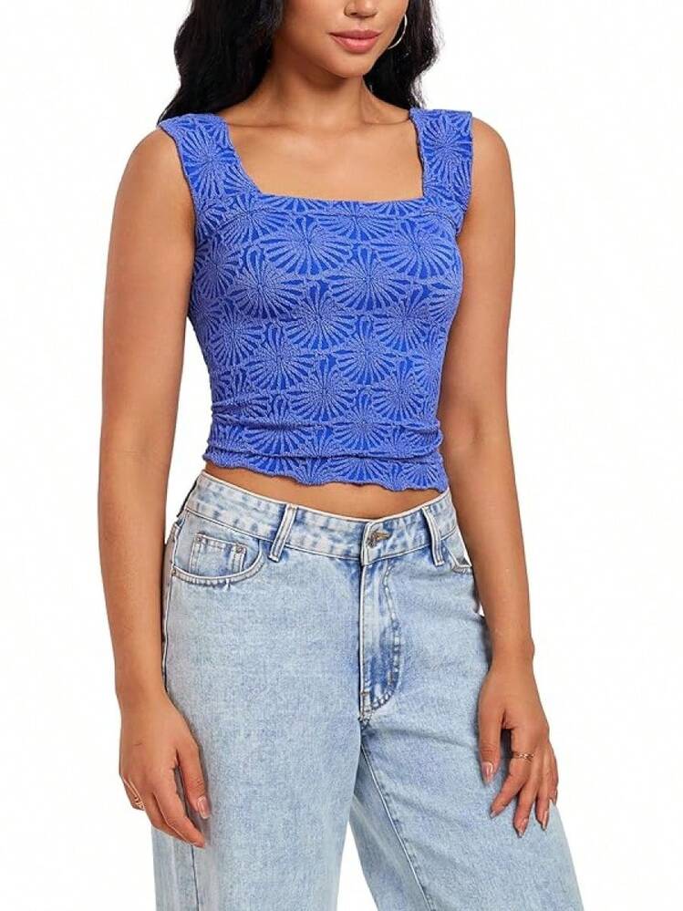 S.Women's Square Neck Wide Strap Crop Tops Flower Going Out Tops Lettuce Trim Crop Cami Tops - Xanh đậm - Xem 5