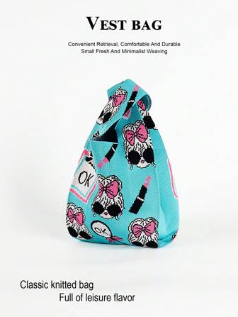 迷你轻便可折叠透气红粉色针织编织手提包腕带，双色搭配可爱，适合摄影、大学、度假、女性和女学生日常使用