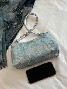 1 pièce Mini sac à bandoulière en PVC en forme de croissant de lune pailleté pour femmes - Bleu ciel - Voir 3