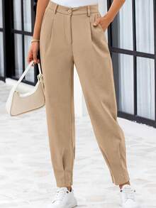 tooluck Women's High Waisted Ankle Length Trousers Slacks With Pockets Khaki - 卡其色 - 查看 5