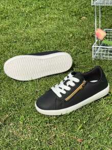 1 Pair Boys/Girls PU Leather Lace-Up Side Zipper Classic Student Shoes, Thick Sole Anti-Slip Durable Soft Bottom Casual Sneakers, Suitable For All Seasons