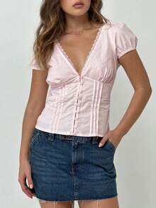 Women Y2k Lace Trim Button Down Shirt Top Fairycore Short Sleeve Lapel Collar Slim Fit T Shirts Crop Tops Summer Going Out Tops Blouses Vinatge Aesthetic Clothes Streetwear - 粉色 - 查看 3