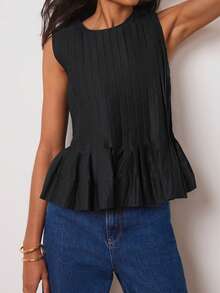 Women Summer Sleeveless Casual Tank Tops Round Neck Pleated Ruffed Hem Babydoll Shirts Summer Slim Fit Tops Blouse Streetwear - 黑色 - 查看 1