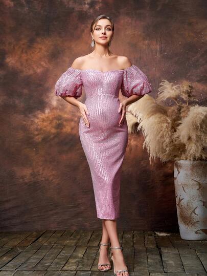 Faeriesty Rochie elegantă Dressalisa pentru gravide, cu umerii goi, mâneci bufante și paiete, pentru ocazii de primăvară și vară (invitate la nuntă, cină formală, petrecere în grădină, ședință foto de maternitate, eveniment de seară)