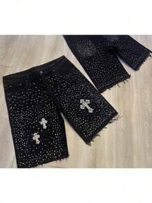 Pantalones cortos de mezclilla con diamantes estilo hip-hop cruzados y rectos nuevos, jeans de cinco bolsillos - Negro - Ver 2
