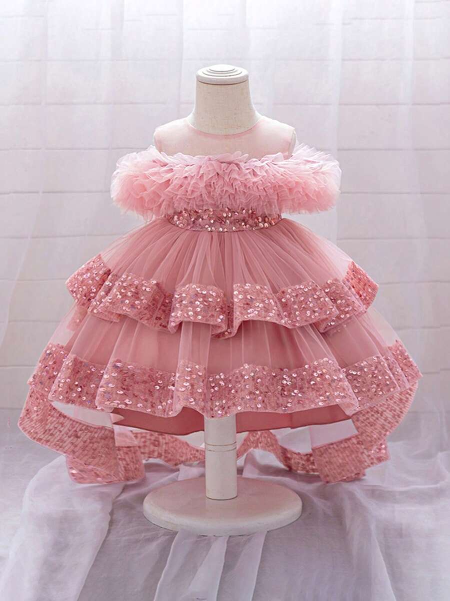 Toddler Baby Girls Princess Dress Tulle Ball Gown Shiny Sequins Round Neck High Low Formal Party Dresses Birthday Wedding Dress Flower Girl Dress - 粉色 - 查看 1