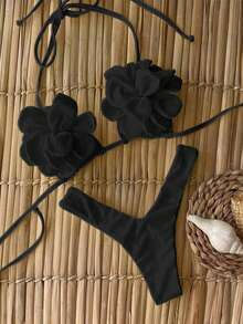 Polovedo 官方新款春夏性感休闲优雅黑色纯色花卉女士沙滩度假约会比基尼泳衣 - 黑色 - 查看 1