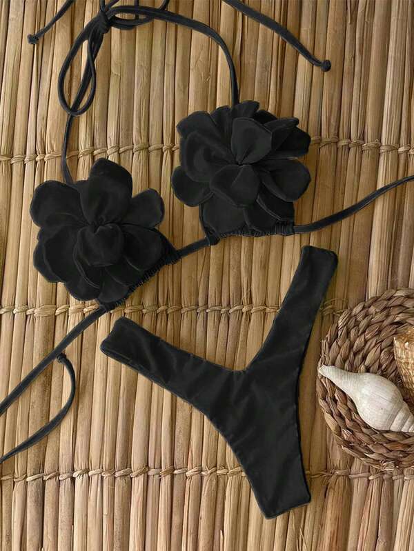 Polovedo 官方新款春夏性感休闲优雅黑色纯色花卉女士沙滩度假约会比基尼泳衣