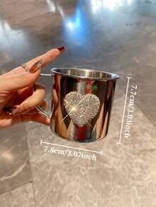 1pc 300ml Rhinestone Heart-Shaped Stainless Steel Cup, Coffee Mug, Creative Handmade Portable Cup, Shiny Design, Suitable For Car, Office, Home Use, Also An Ideal Back-To-School Gift - Silver - View 15