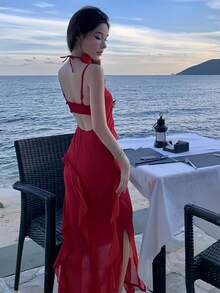 Romantic Date Spaghetti Strap V-Neck Backless Slit Bodycon With Asymmetrical Ruffle Trim Dress For Women Summer Beach Vacation Outfits Evening Party Robe - Red - View 2