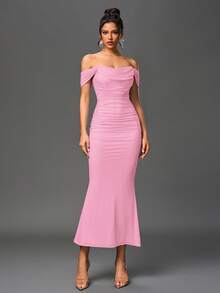 PARTHEA Đầm dự tiệc mùa hè màu hồng thanh lịch, trễ vai, dáng đuôi cá, xếp ly, ôm sát. - Hồng - Xem 6