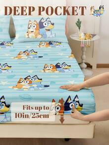 Bluey 1pc  Fitted Sheet, Bedding, Double Bed Sheets Set, Home Decor, Mattress Protector, Bed Cover, Cozy Home Textile, Breathable And Anti-Pilling Mattress Protector, Cartoon Pattern Bed Cover, Cute Home Decoration, Fits For All Size Beds - Dusty Blue - View 4