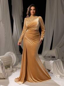 Faeriesty 大码女士优雅正式晚礼服，立领，长袖，鱼尾下摆设计，闪亮亮片细节，适合宴会、盛会、颁奖典礼、婚礼和高档派对，夏季度假装扮 - 香檳色 - 查看 5