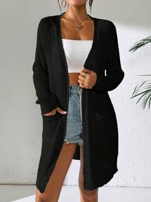 Women's Lightweight Solid Color Long Sleeve Dual Pocket Open Front Casual Long Cover Up, Spring/Summer