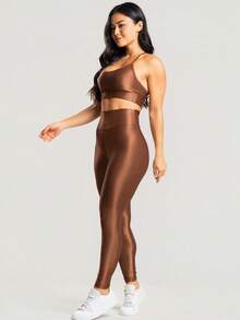 Women's Ribbed Gym Fitness Set, Top And Shiny Sports Leggings - Rust Brown - View 6