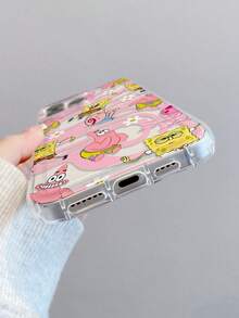 SpongeBob SquarePants 1pc Minimalist Pink Wave Pattern Sponge Painted Anti-Drop Transparent Phone Case Compatible With Samsung/Apple 11/12/12promax/14promax/15/15Pro/16/16promax And Other Models - Multicolor - View 3