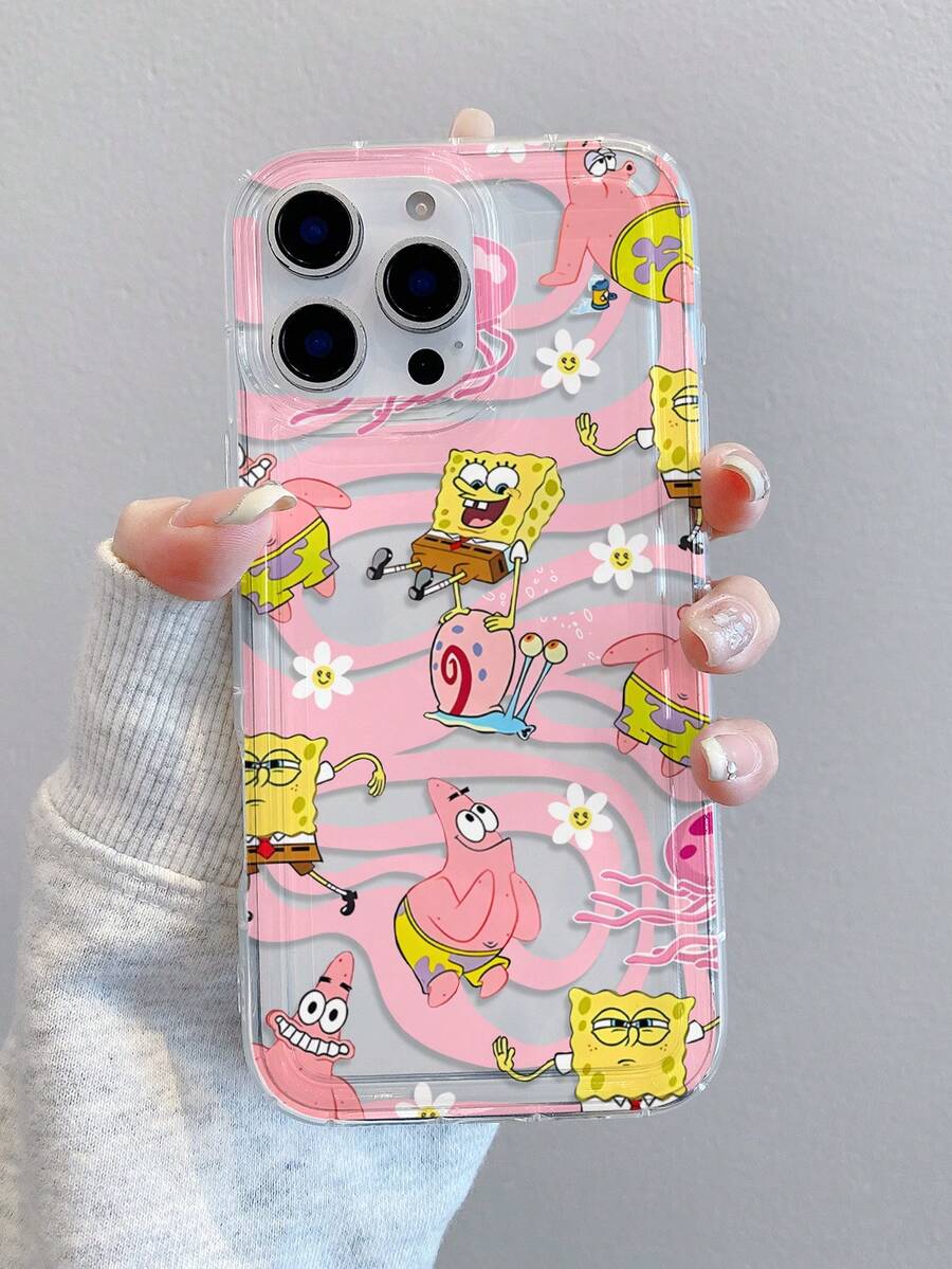 SpongeBob SquarePants 1pc Minimalist Pink Wave Pattern Sponge Painted Anti-Drop Transparent Phone Case Compatible With Samsung/Apple 11/12/12promax/14promax/15/15Pro/16/16promax And Other Models - Multicolor - View 1