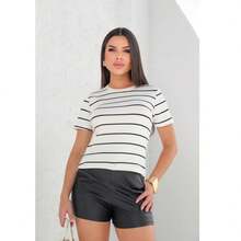 Kit 3 Women's Short Sleeve T-Shirt Blouse Plain And Striped Ribbed Cotton Long Basic - BỘ 3 VÌ LISO - Xem 7