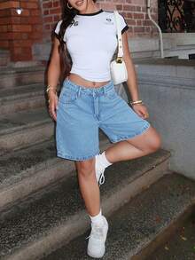 Quần short denim thường ngày Bermuda màu trơn có túi dành cho nữ - Rửa nhẹ - Xem 4