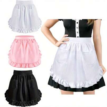 1 件女仆围裙，可爱复古风格，带 2 个口袋，褶皱厨房烹饪半围裙，适用于厨房、浴室、家庭、家居用品，复古可爱围裙