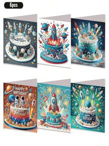 6pcs/Set Birthday Theme DIY Diamond Painting Greeting Cards, Unique Rhinestone Painting Handmade Craft Cards With 6 Envelopes, Premium Quality Materials For Holiday And Special Occasion, Express Warmth & Best Wishes