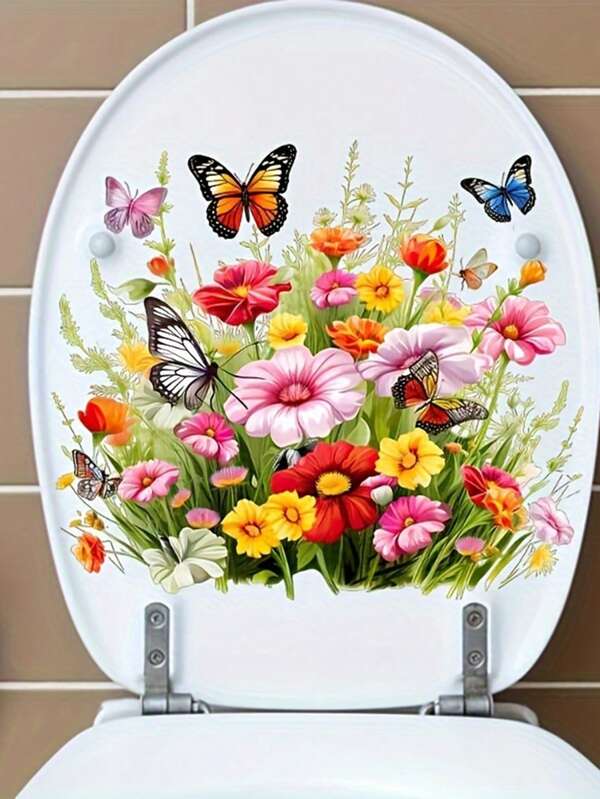 2 Pcs, Flower And Butterfly Toilet Stickers, Bathroom Self-Adhesive PVC Stickers, Multi-Purpose Wall Art, Traditional Style Home Decoration Bathroom Room Decor Wall Decor Wall Stickers Wall Sticker
