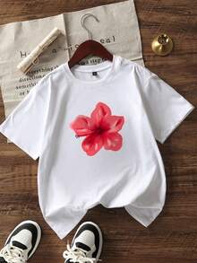 女童及青少年休闲印花白色圆领短袖T恤上衣，适合夏季 - 白色 - 查看 3