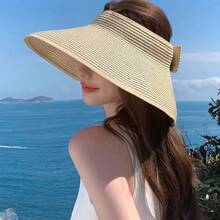 1 件可折叠夏季宽边帽，便携式户外防晒帽，蝴蝶结沙滩帽，包含保养说明（如果帽子在交付时出现略微扁平的情况）