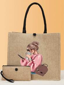 2 件印花手提袋、印花手提袋套装、轻便大容量手提袋、可重复使用的粗麻布购物袋、带化妆包的便携式旅行沙滩包、生日礼物、教师节、护士节、生日、周年纪念、最佳礼物 - 卡其色 - 查看 2