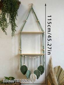 1pc Handmade Woven Wall Hanging Shelf, Bohemian Style Woven Leaf Decor, Wooden Floating Shelf, Suitable For Bathroom, Bedroom, Living Room Or Room Decor, No Clips Included, Home Decor, Room Decor, Wall Decor Gift, Birthday Graduation Gift - Green - View 8