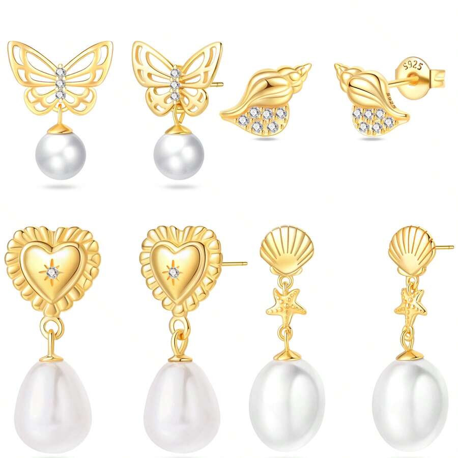 1 paire de boucles d'oreilles en argent sterling S925 doré, boucles d'oreilles perles, coquillage d'amour, vis de mer, étoile de mer, papillon scintillant, boucles d'oreilles zirconium. Bijoux élégants pour dames, cadeau pour fête, mariage, meilleur choix