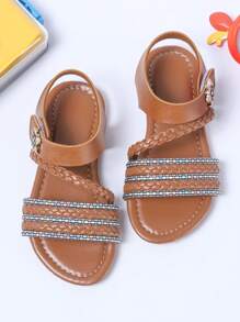 1 Pair Girls Woven Summer Sandals, Casual Fashion Versatile, Flat Beach Strap Princess Shoes, Extremely Soft Material, Suitable For Daily, Holiday, Travel