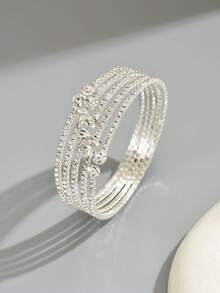 1pc Women's Elegant & Gentle Rhinestone Embellished Open Bangle Bracelet, Suitable For Party And Evening Wear - Silver 1051 - View 2