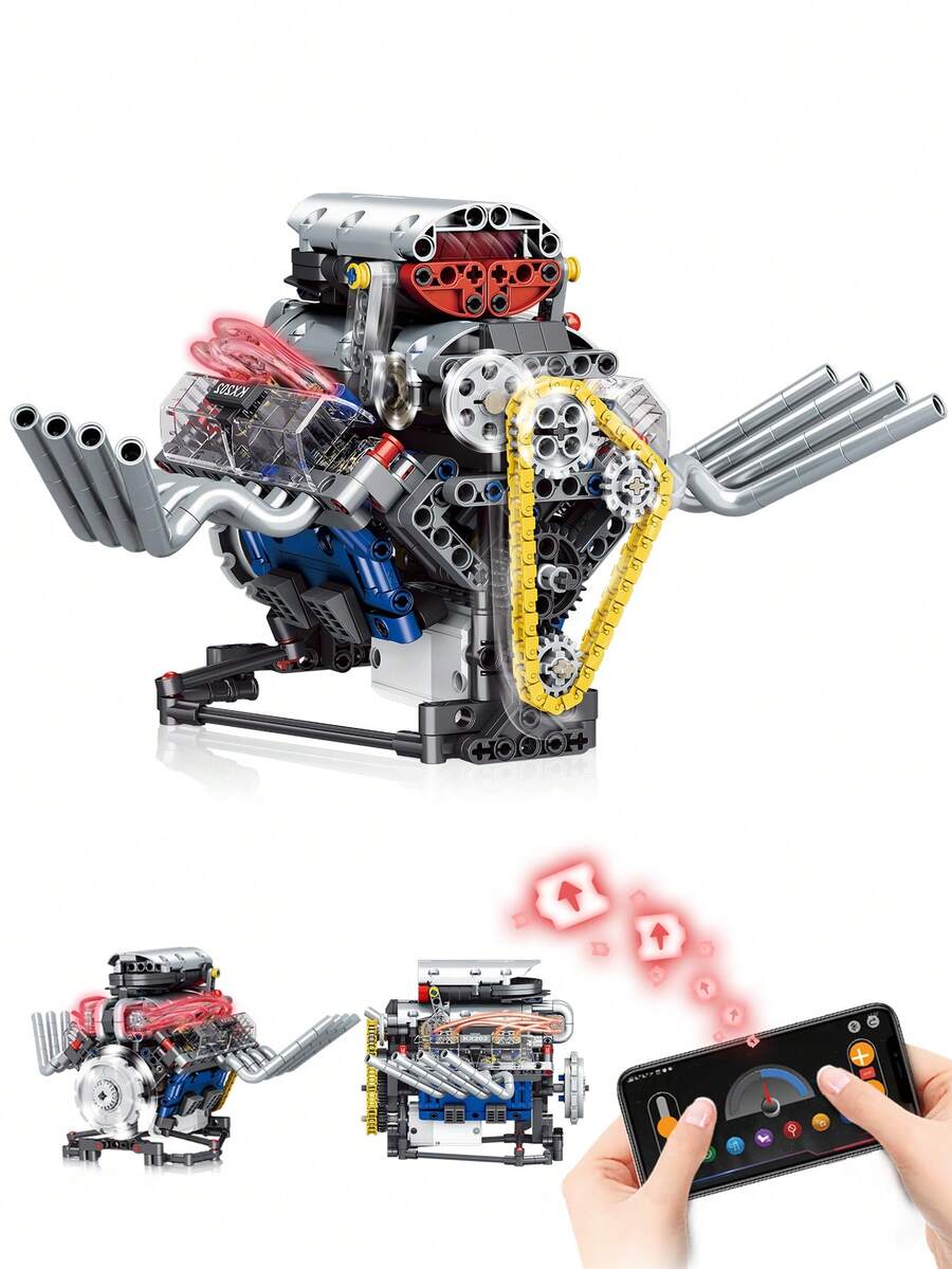Creative Supercar V8 Engine Building Block, Puzzle Engine Ornaments,Controllable Model Kit With LED Lights And Sound Effects,Desktop Display Models, Create Your Own Mini V8 Engine, Birthday Gifts, Building Block 665PCS/660PCS,Sports Car Engine Building Blocks