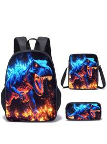 Juego de 3 mochilas escolares para niños y niñas, mochila con diseño de dinosaurio para estudiantes de escuela primaria, secundaria y preparatoria, con gran capacidad de 16 pulgadas, incluye bolsa para el hombro y estuche para lápices