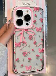 Funda protectora para teléfono con diseño de impresión floral de rosa y mariposa rosa elegante, compatible con iPhone 15/15 Pro Max/13/11/12/14/Mini y S21/S22/S23/S24/S25 Plus/Ultra