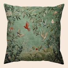 1pc Victoria Style Plush Green Plant & Bird Decorative Throw Pillow Cover, Machine Washable With Zipper, Woven Decor Cushion Case Suitable For All Rooms - Single-Sided Printed, No Embroidery - Multicolor - View 3