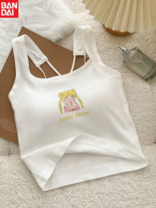 bandai Bandai, SailorMoon Series, Women's White Cartoon Crew Neck Print Vest, Summer And Spring Sleeveless Party Top, Soft And Comfortable, Machine Washable, Versatile Outfit, Suitable For Party Dress, Cartoon Anime Print Vest, Opaque Material, Summer Beach Vest, Solid Color Sexy Vest, Perfect Party Gift And Birthday Surprise Gift, Ideal For Christmas, Halloween, Thanksgiving Gifts. Perfect For Party Dress-Ups.